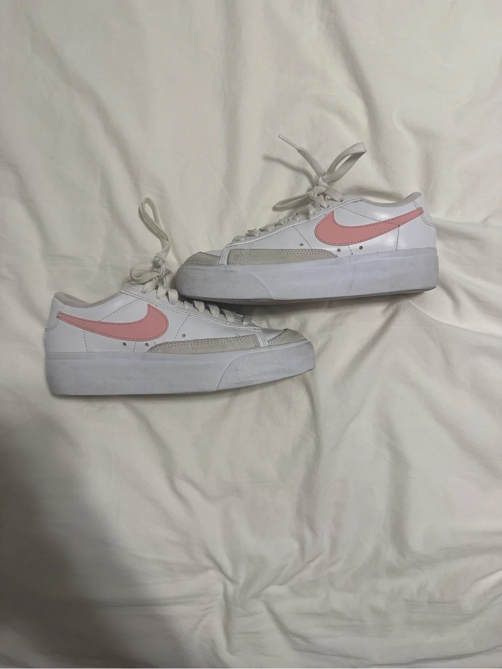 Nike White Sneakers with Pink Swoosh - Low Platform Trainers